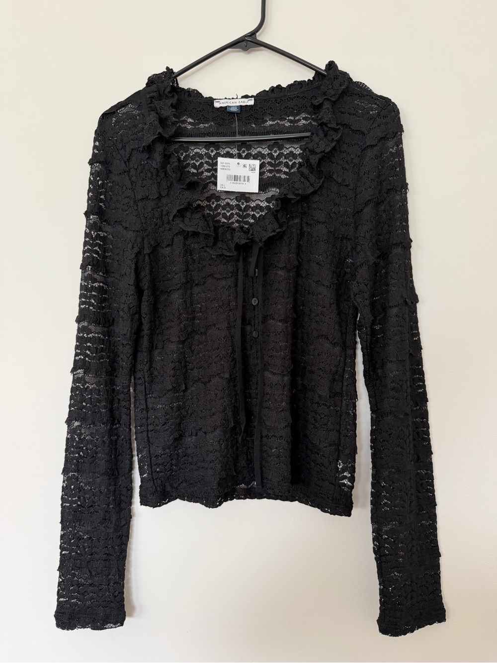 American Eagle Outfitters Black Lace Ruffle-Front Cardigan